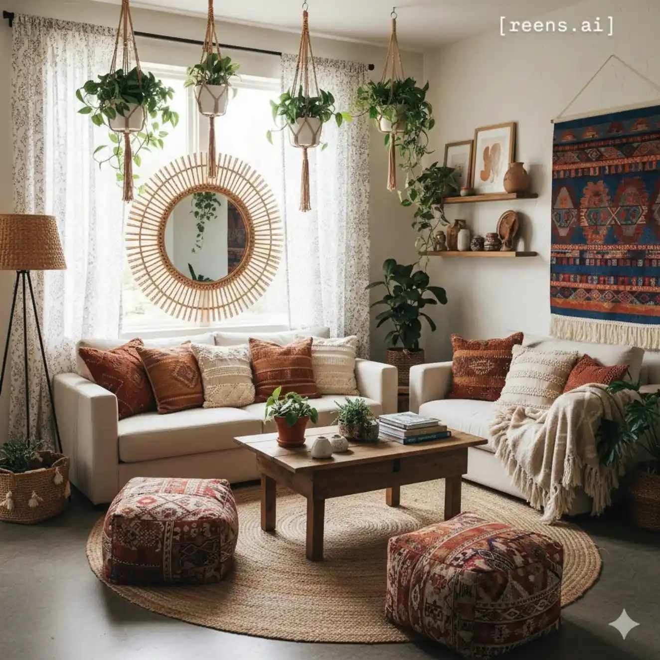 Open narrow living room with a sofa used as a divider and a slim console table placed behind it