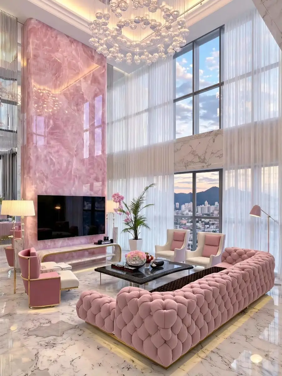 Glamorous pink living room with a dramatic pink TV wall, curved blush sofa, white chairs, and oversized chandelier.
