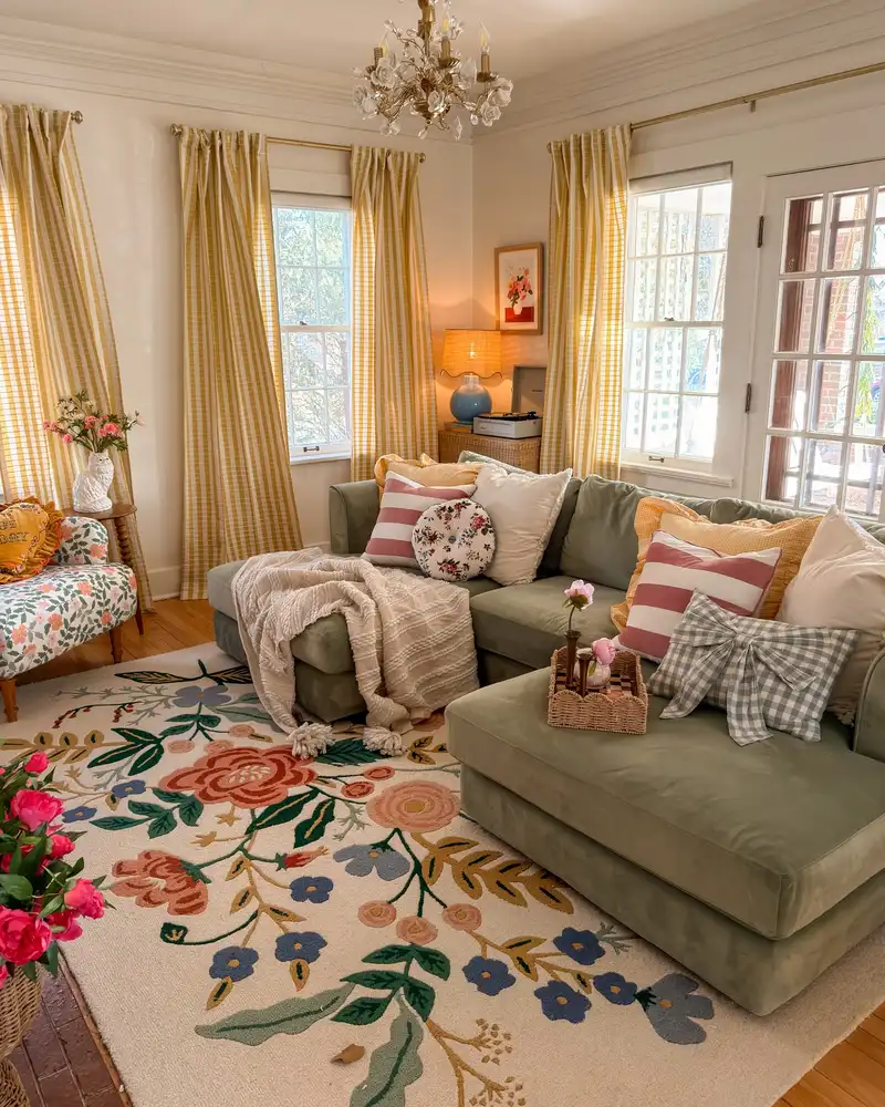 Colorful small living room with a sage green sectional, patterned rug, mustard curtains, floral cushions, and pink accents.