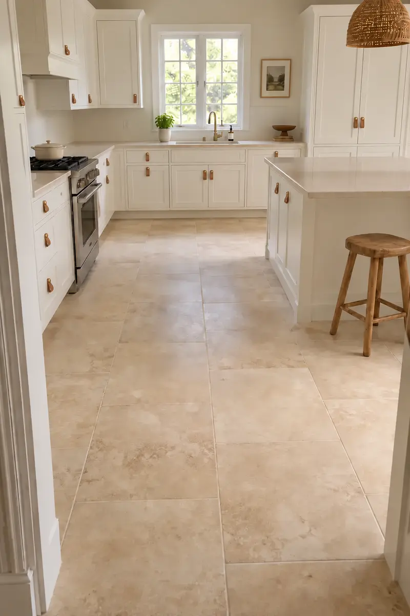 Stone-look flooring with white kitchen cabinets