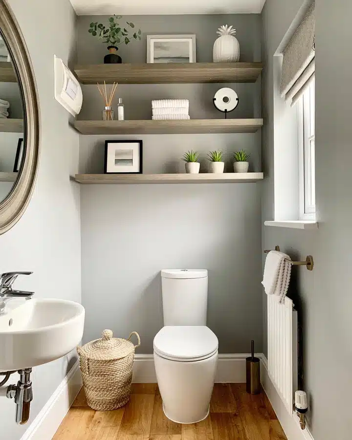 06 Three long floating shelves above a toilet with folded towels, framed art, and plants