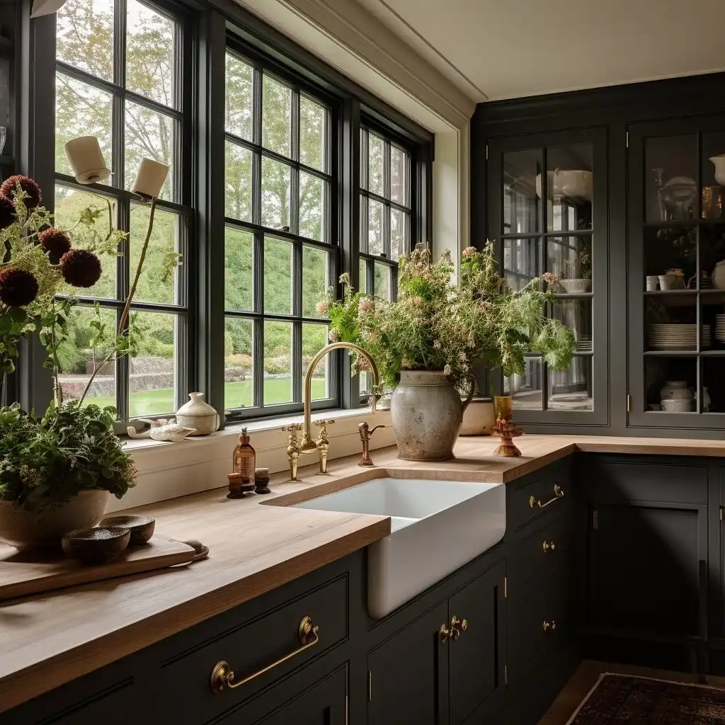 Dark framed kitchen window with pale ceramic pieces and a leafy arrangement on the sill