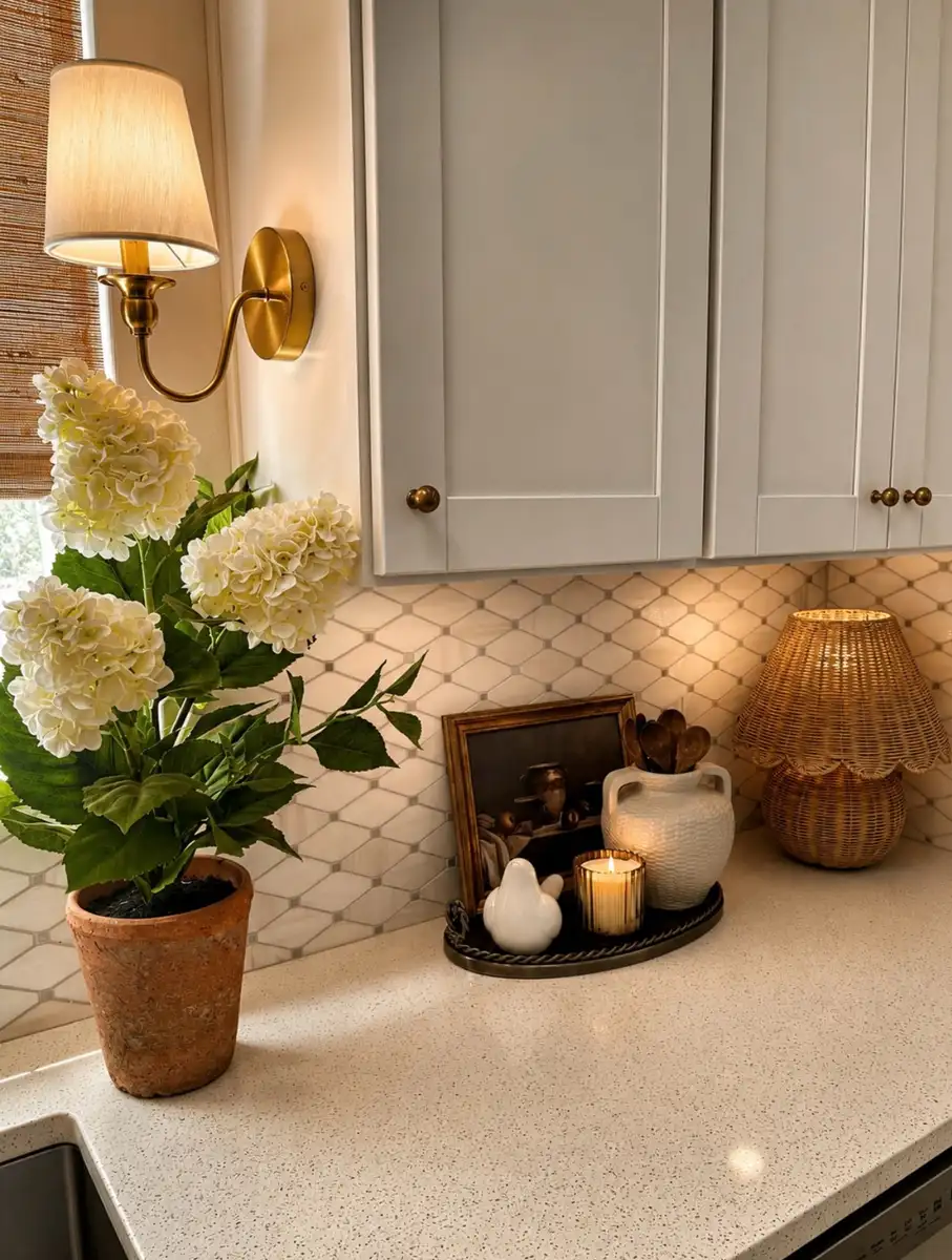 Elegant kitchen counter with white hydrangeas, framed art, candle, utensil crock and warm woven table lamp