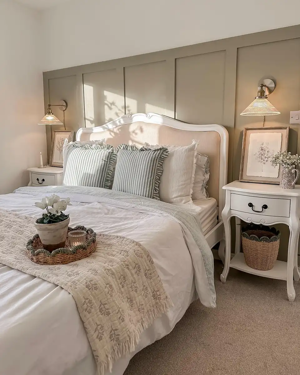 Warm neutral bedroom with sage striped pillows, white bedding, paneled wall, vintage-style sconces, and wood accents.