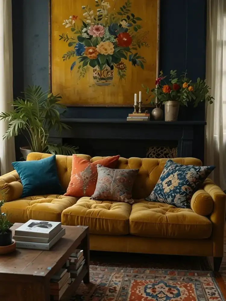 Bold mustard sofa against a dark wall with patterned cushions and large colorful floral artwork above.
