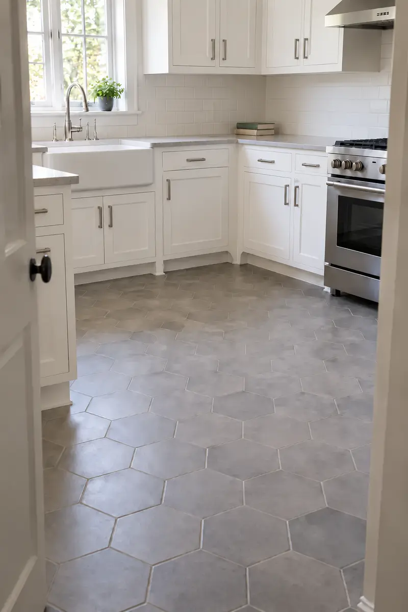 Gray hexagon flooring with white kitchen cabinets