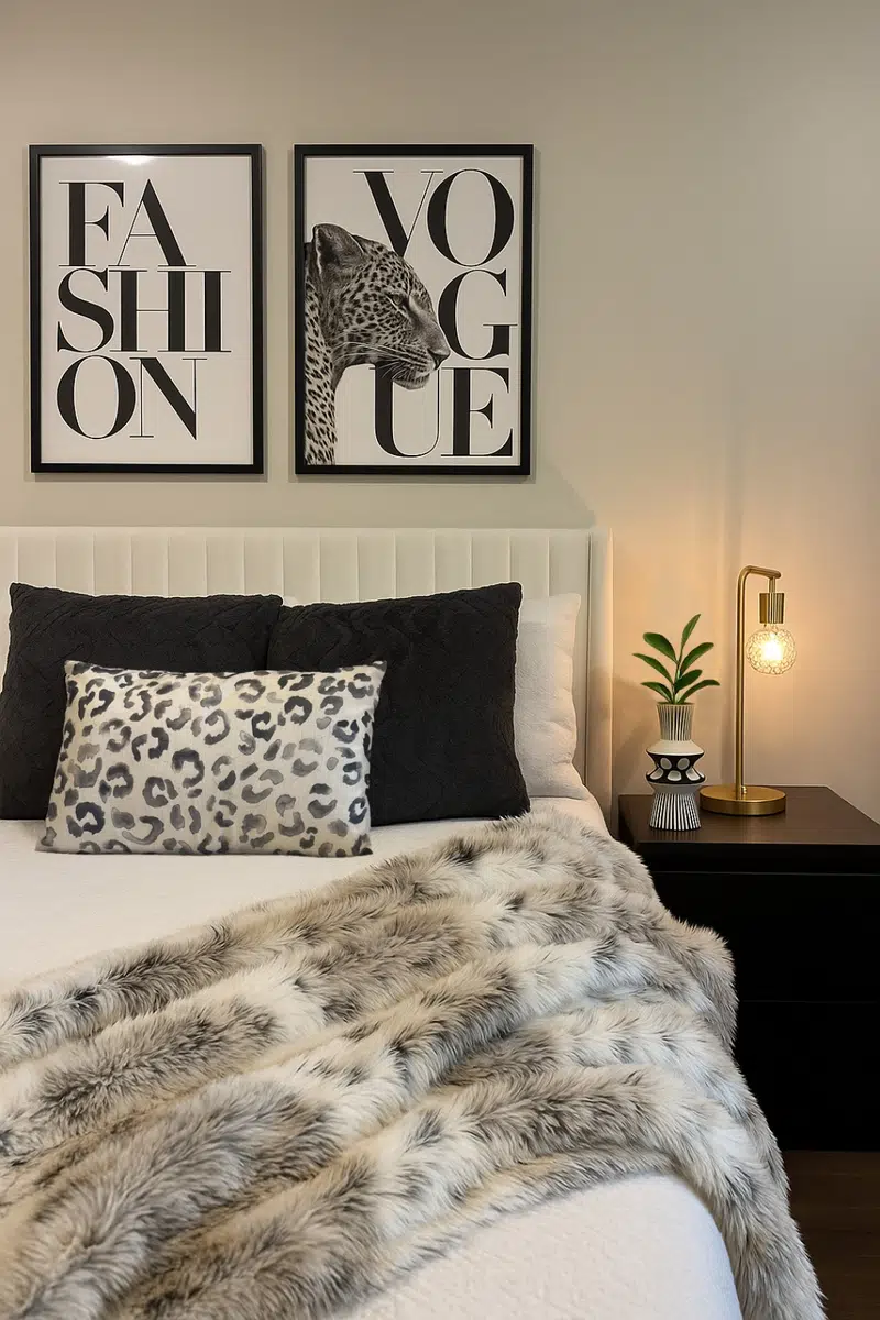 Black and white bedroom with a gray leopard print pillow and soft gray faux fur throw