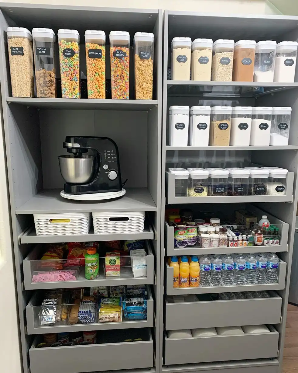 Small pantry with pull-out drawers storing snacks, drinks, jars, and packets beneath shelves with clear food containers