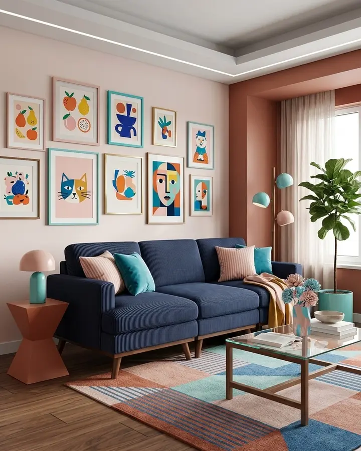 Colorful living room with navy sofa, blush walls, teal cushions, gallery wall, patterned rug, and terracotta accents
