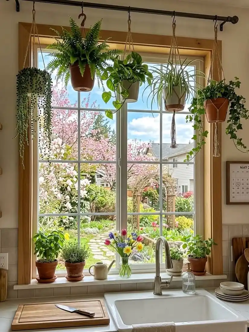 Kitchen window with hanging trailing plants, small herb pots, and a vase of flowers on the sill