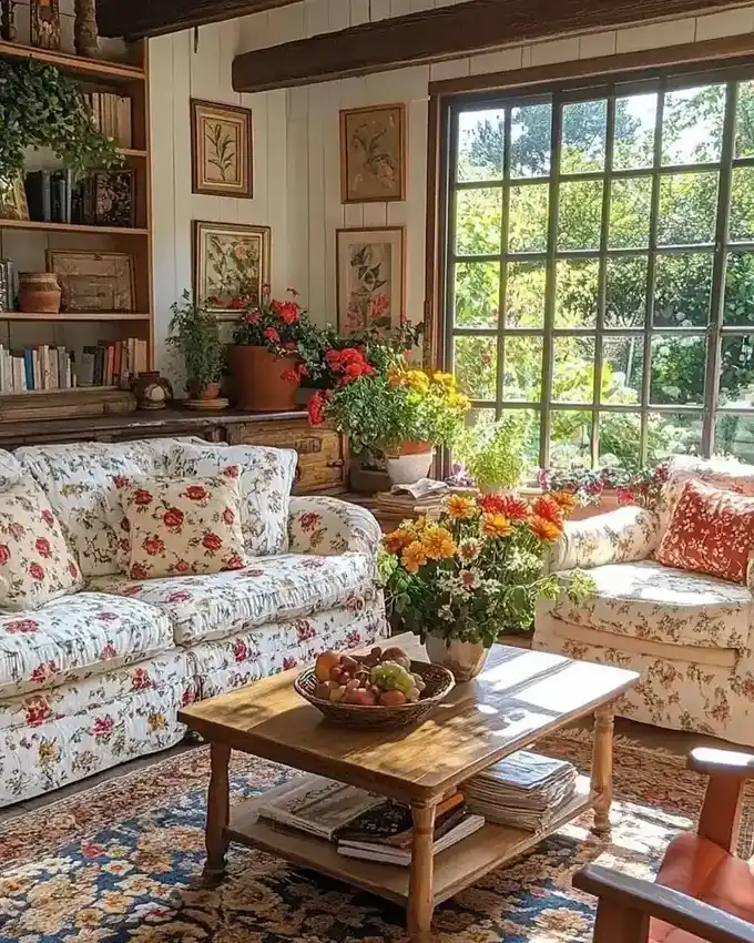 Colorful vintage living room with layered floral sofas, patterned rug, wood beams, and botanical art