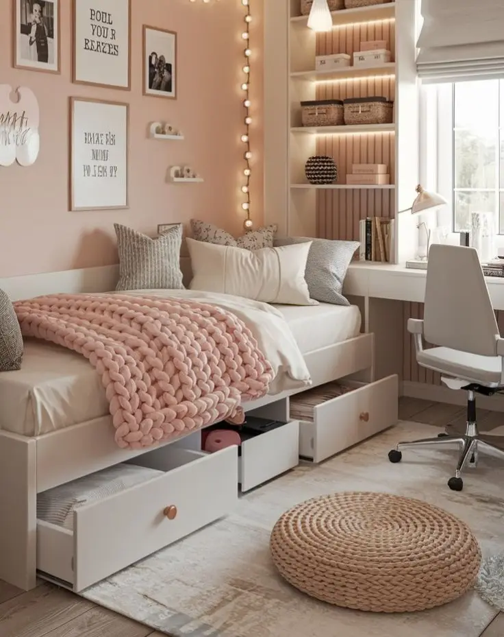 White girls bed with built-in storage drawers, desk, shelves, pink blanket, and string lights