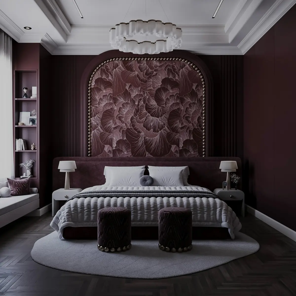 Plum bedroom with oversized floral headboard, pale bedding and matching bedside lamps