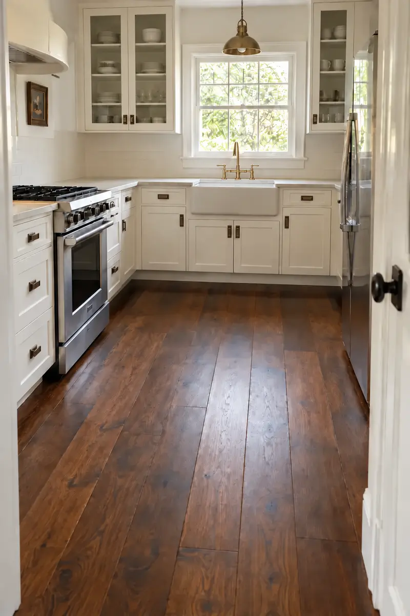 Dark walnut flooring with white kitchen cabinets