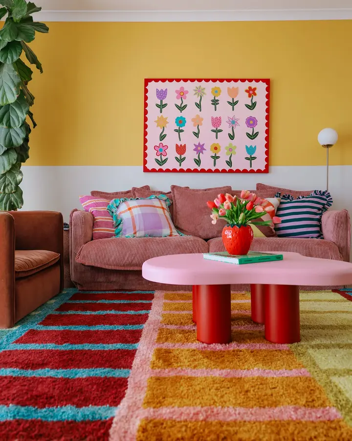 Bright living room with mustard two-tone wall, striped rug, pink coffee table, red accents, and colorful floral artwork