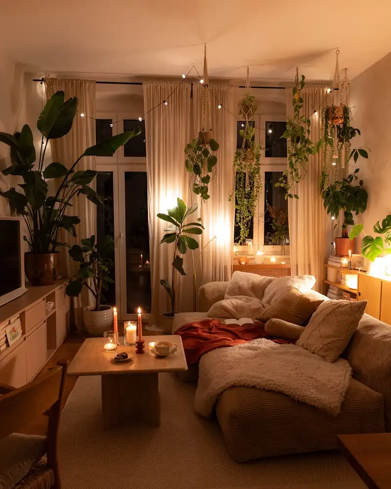 Cozy small living room with warm lamps, candles, string lights, soft curtains, plants, and a comfortable sectional sofa.
