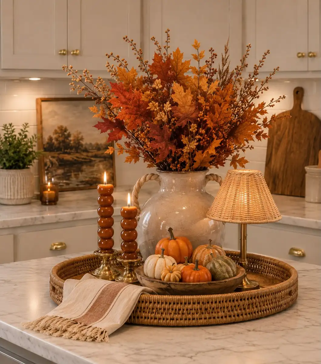 Fall kitchen island centerpiece with orange autumn leaves, pumpkins, candles and woven tray