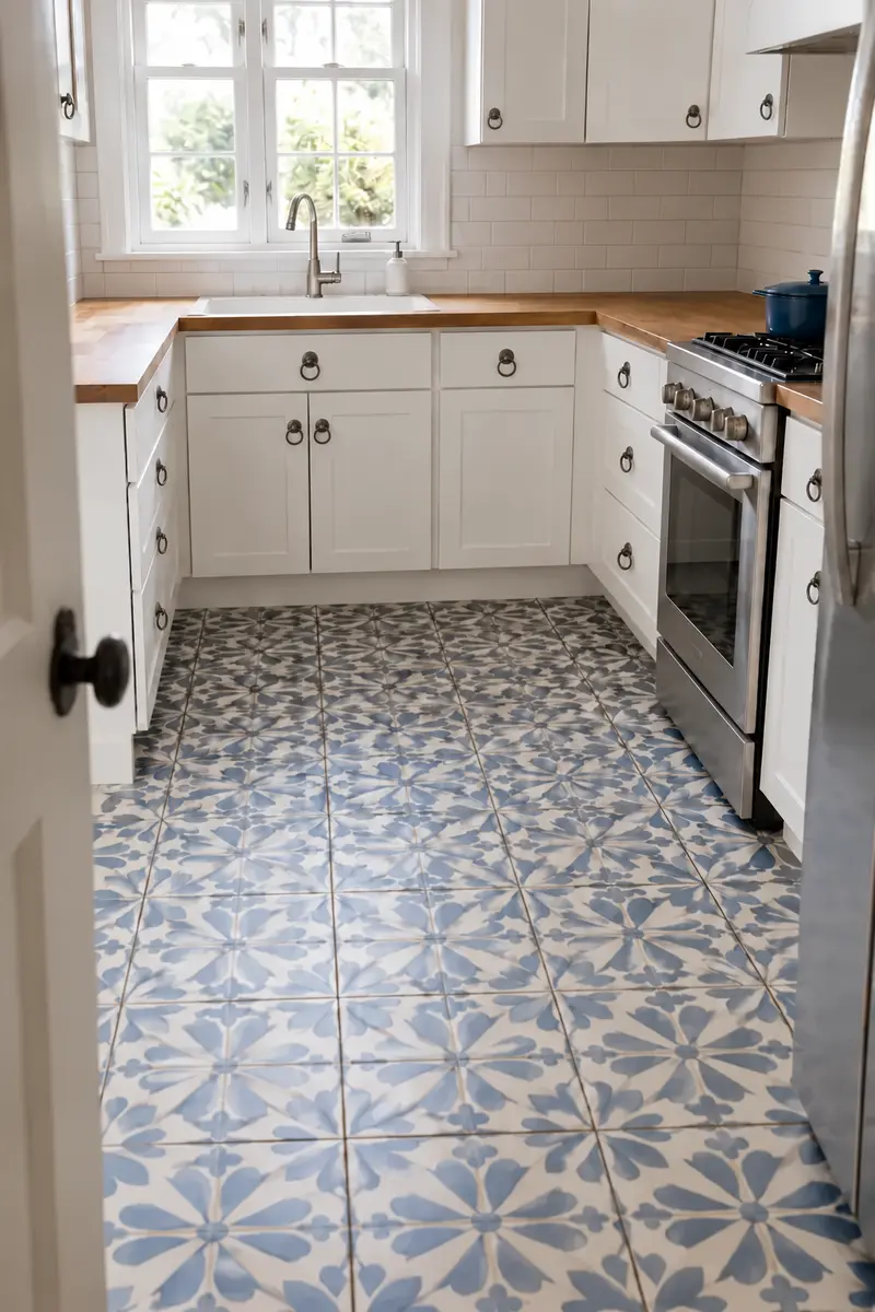Blue floral tile flooring with white kitchen cabinets