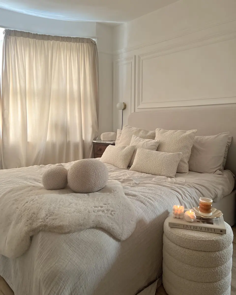 Cream bedroom layered with textured pillows, a fluffy throw, upholstered headboard, sheer curtains, and soft candlelight.