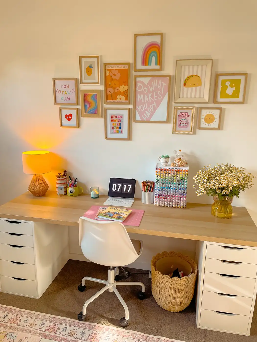 Wide homework desk with wood top, drawer units on both sides, and colorful pencil organizer