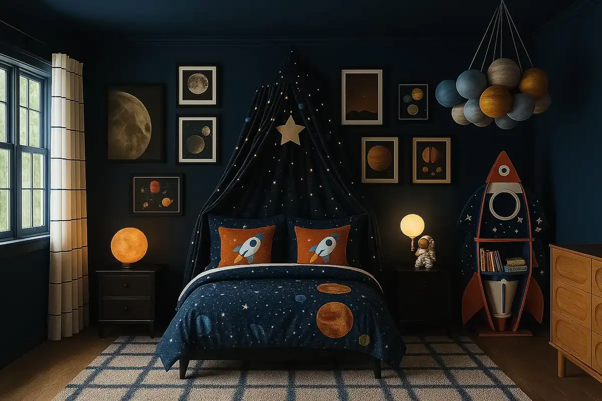 Dark navy space-themed bedroom with planet wall art, rocket bookshelf, star bedding, and glowing canopy lights