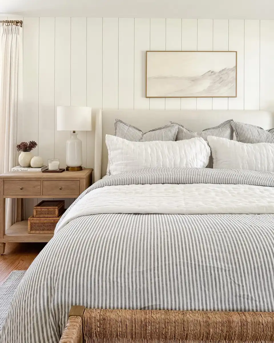 Neutral bedroom with gray striped bedding, white quilted pillows, warm wood nightstand, woven baskets, and pale wall art.