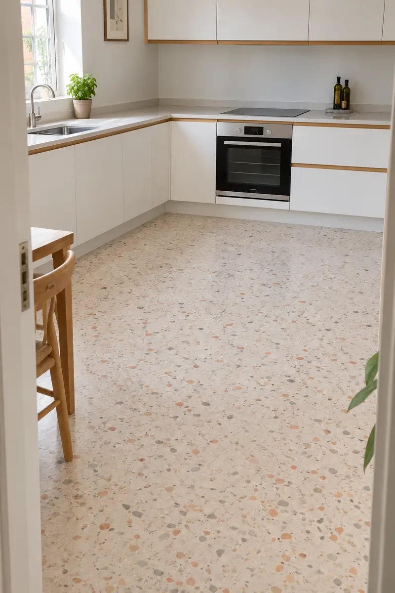 Cream terrazzo flooring with white kitchen cabinets