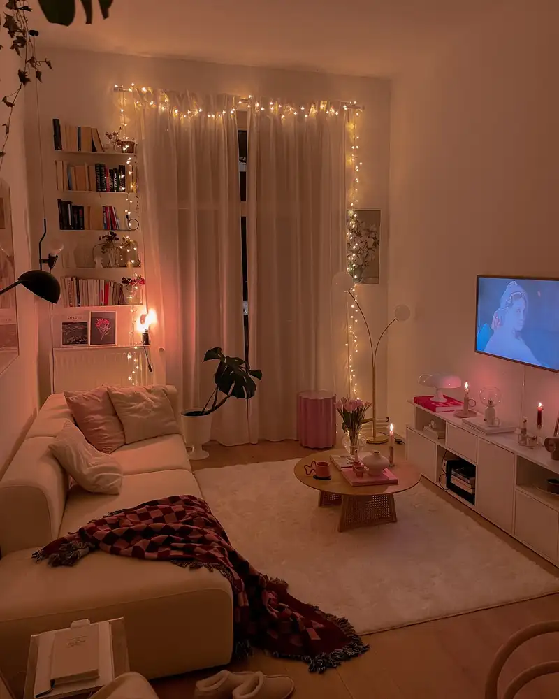 Small living room with narrow wall-mounted bookshelves beside a window, sofa, plants, and colorful decor.