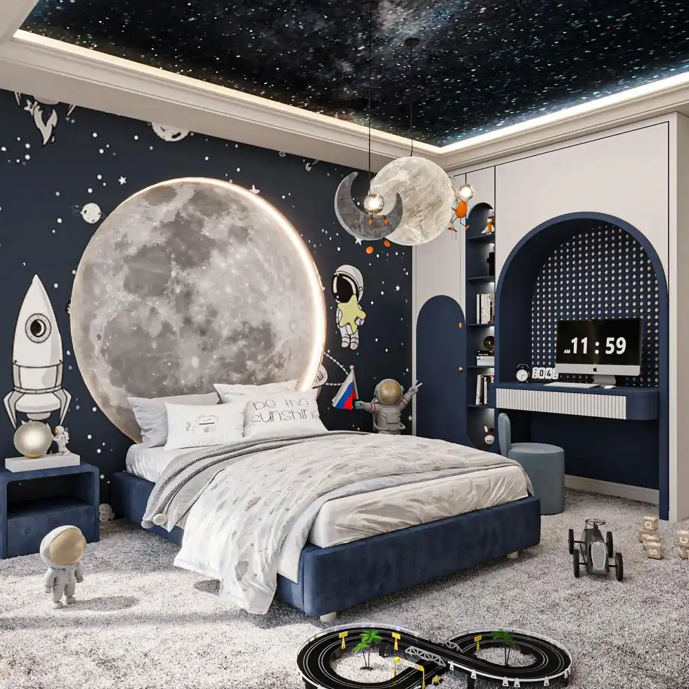 Dark space bedroom with oversized moon wall feature, starry ceiling, and mostly white bedding