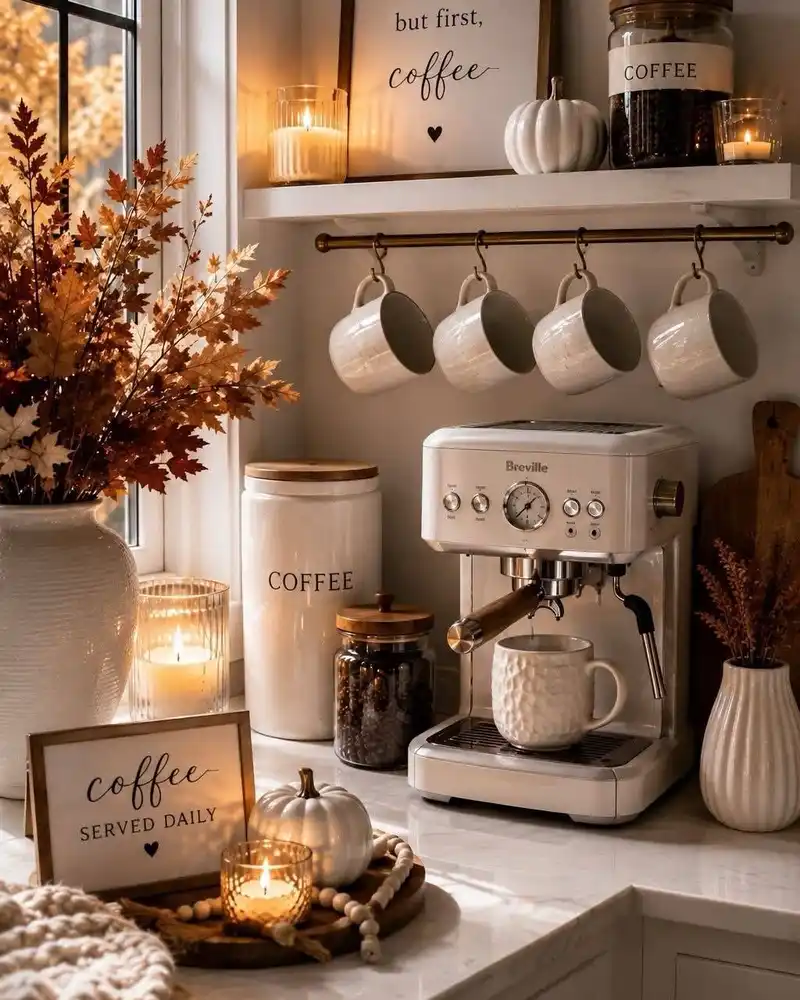 Neutral fall coffee station with white mugs, candles, brown autumn leaves, coffee jars, and soft warm lighting