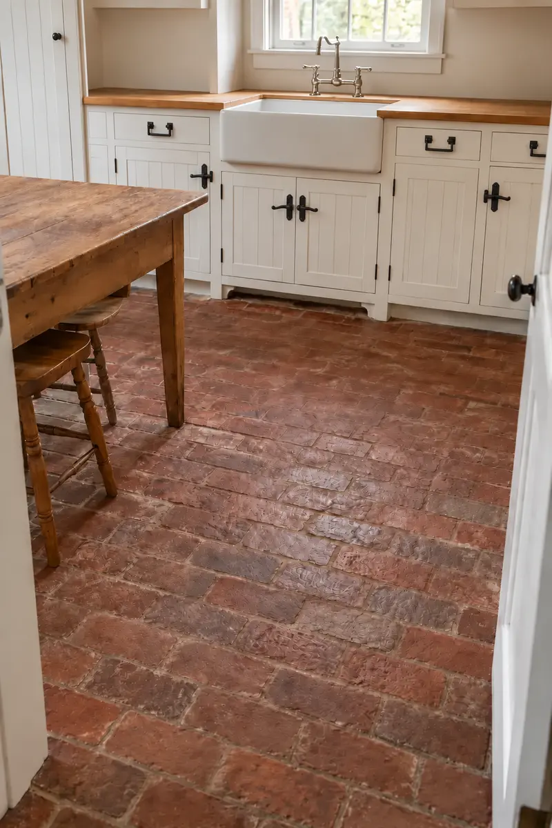 Brick flooring with white kitchen cabinets
