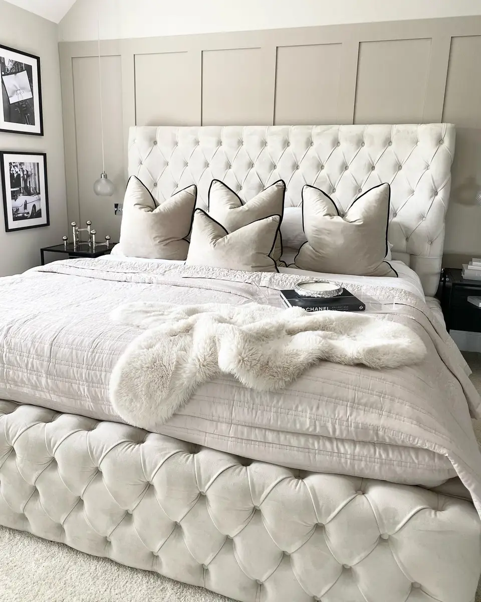 Elegant neutral bedroom with tufted bed, cream pillows edged in black, fluffy throw, black frames, and paneled wall.