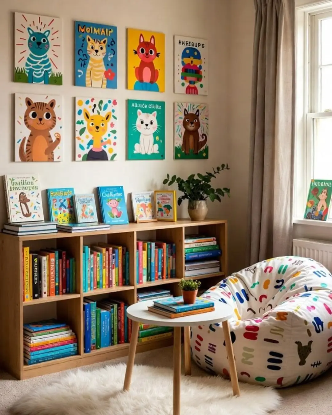 Cozy reading and homework corner with low round table, beanbag chair, and bookcase