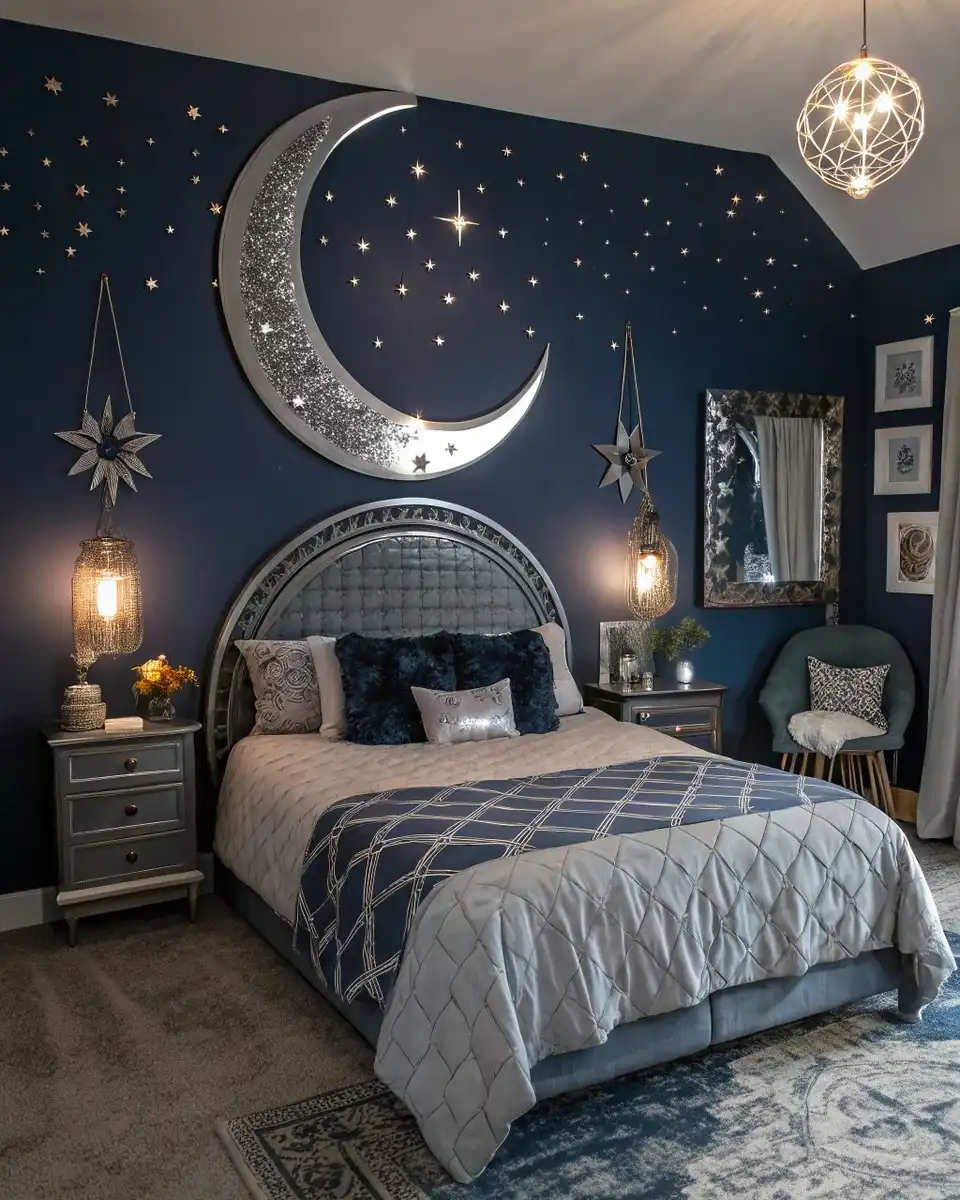 Celestial bedroom with large crescent moon wall decor, scattered stars, gray bedding, and dark walls