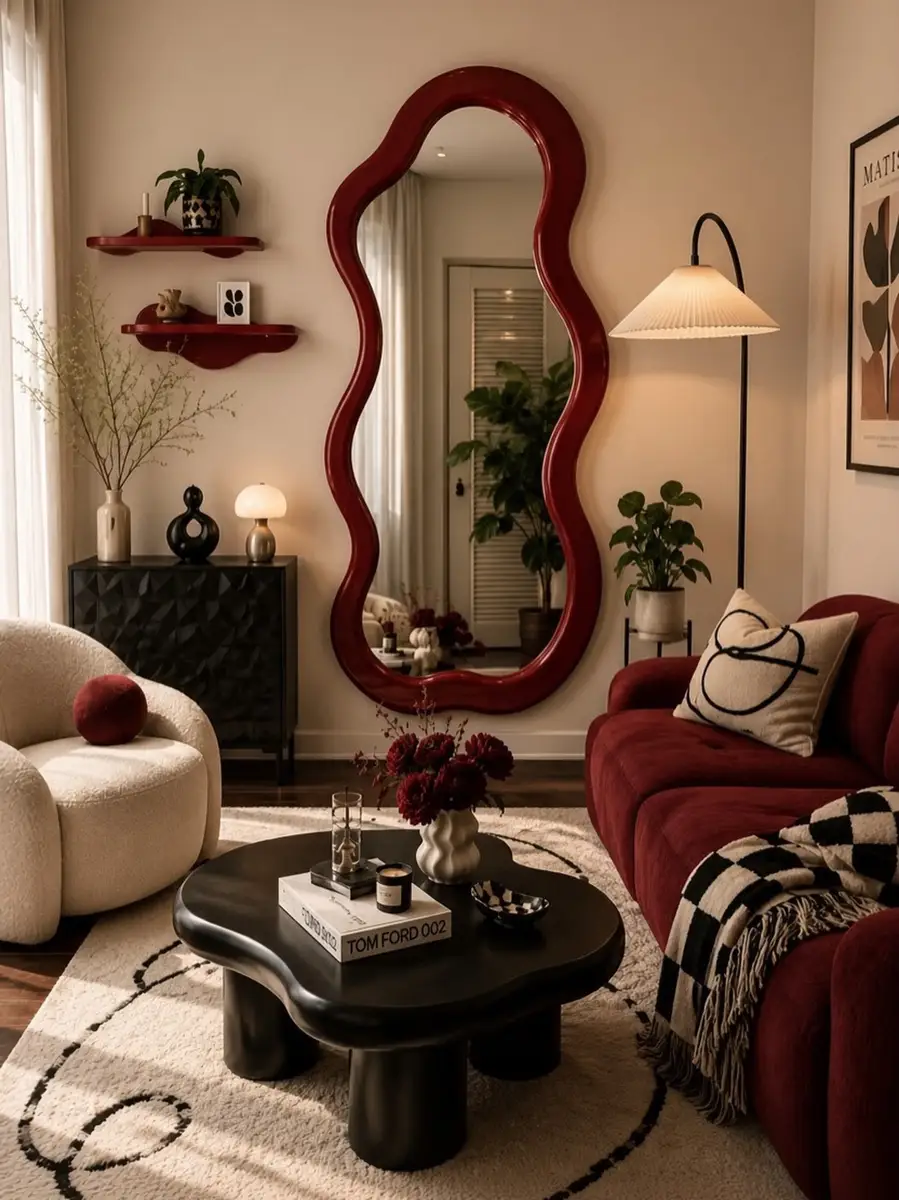 Bold living room with a wavy red mirror, red sofa, rounded cream chair, black cabinet, and organic black coffee table.