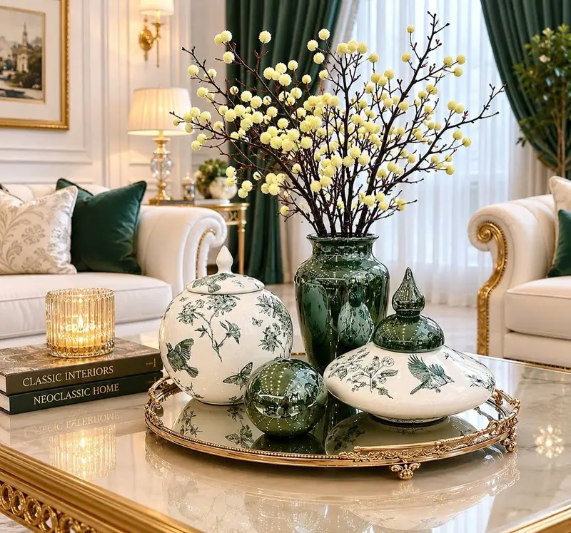 Ornate gold coffee table tray with deep green vases, patterned jars, decorative ornament, and pale flowers