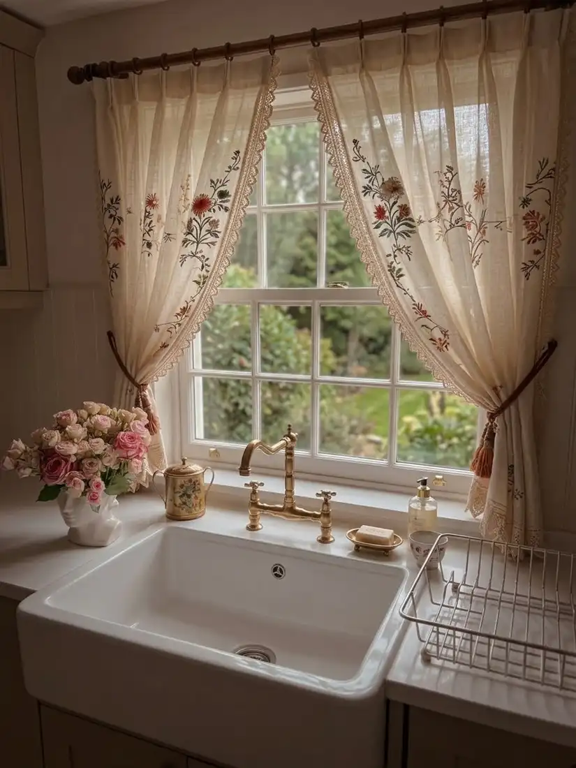 Cottage kitchen window with embroidered floral curtains and a few simple items on the sill