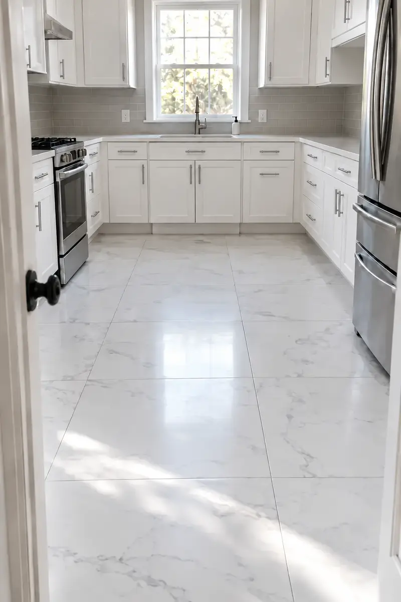 Marble-look flooring with white kitchen cabinets