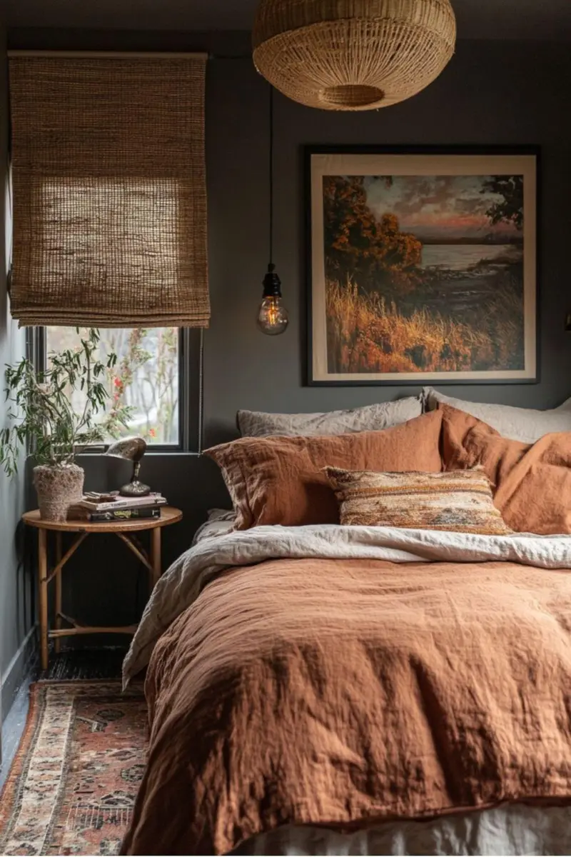 Charcoal bedroom with rust bedding, woven window shade and warm landscape artwork