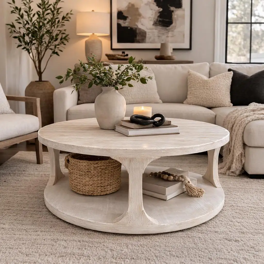 Two-tier coffee table with leafy vase, books, candle, woven storage basket, and decorative beads