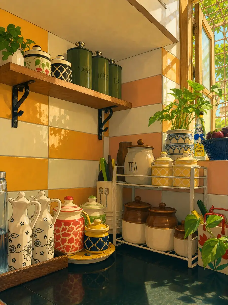Colorful kitchen counter with patterned storage jars, green canisters, plants and tiered organizers