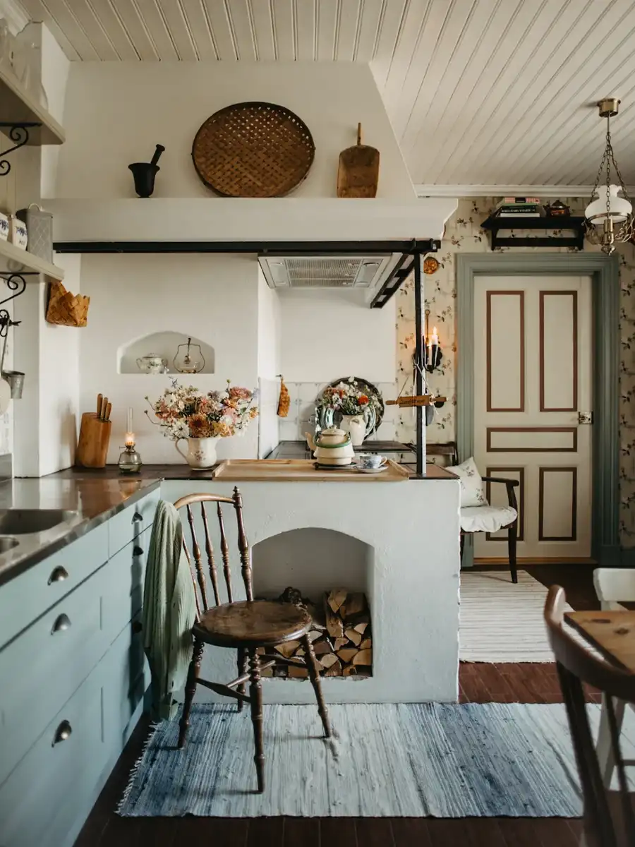 Vintage kitchen with pale blue green cabinets, worn wood chair, white plaster hood, and woven accessories