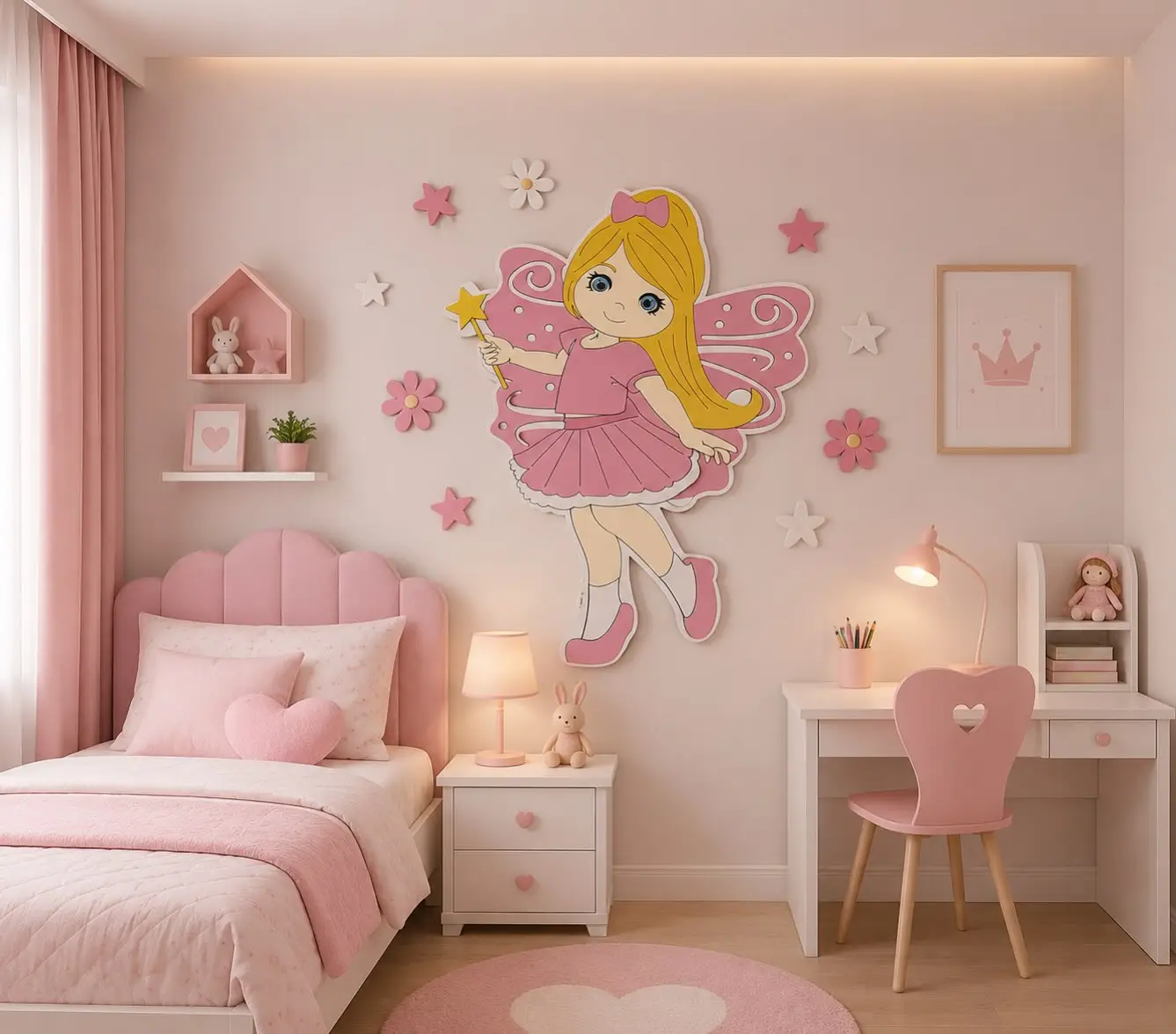 Pink girls bedroom with large fairy wall decoration, white bed, desk, stars, and flower accents