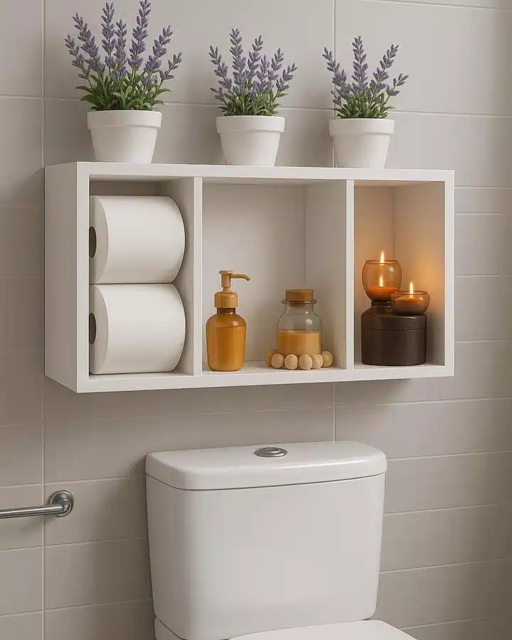 13 Wood wall cubby shelf with toilet paper, bottles, decor, and small plants on top