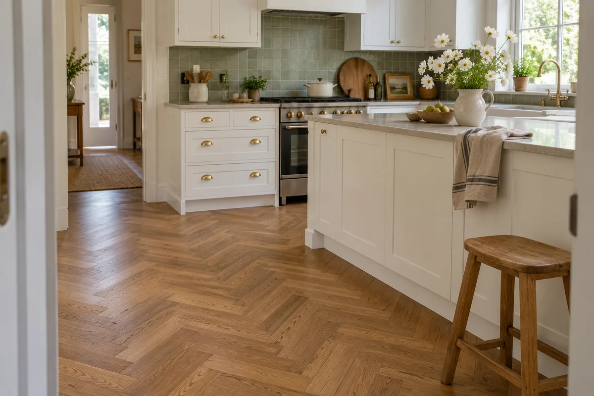 White kitchen cabinets with oak herringbone flooring, a sage tile backsplash, and white flowers.