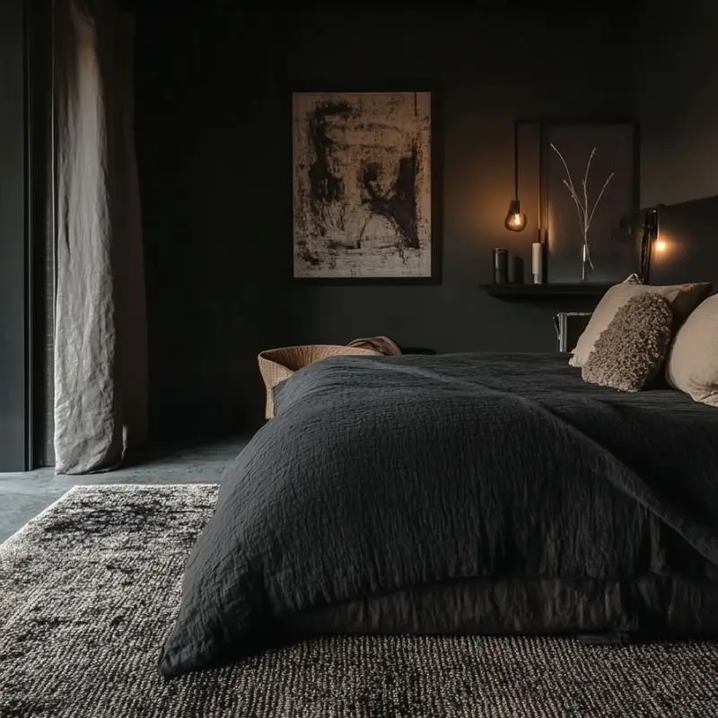 Nearly monochrome charcoal bedroom with dark bedding, gray rug and pale pillows