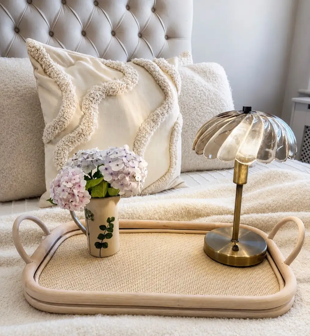 Large woven coffee table tray with small table lamp and vase of blue hydrangeas
