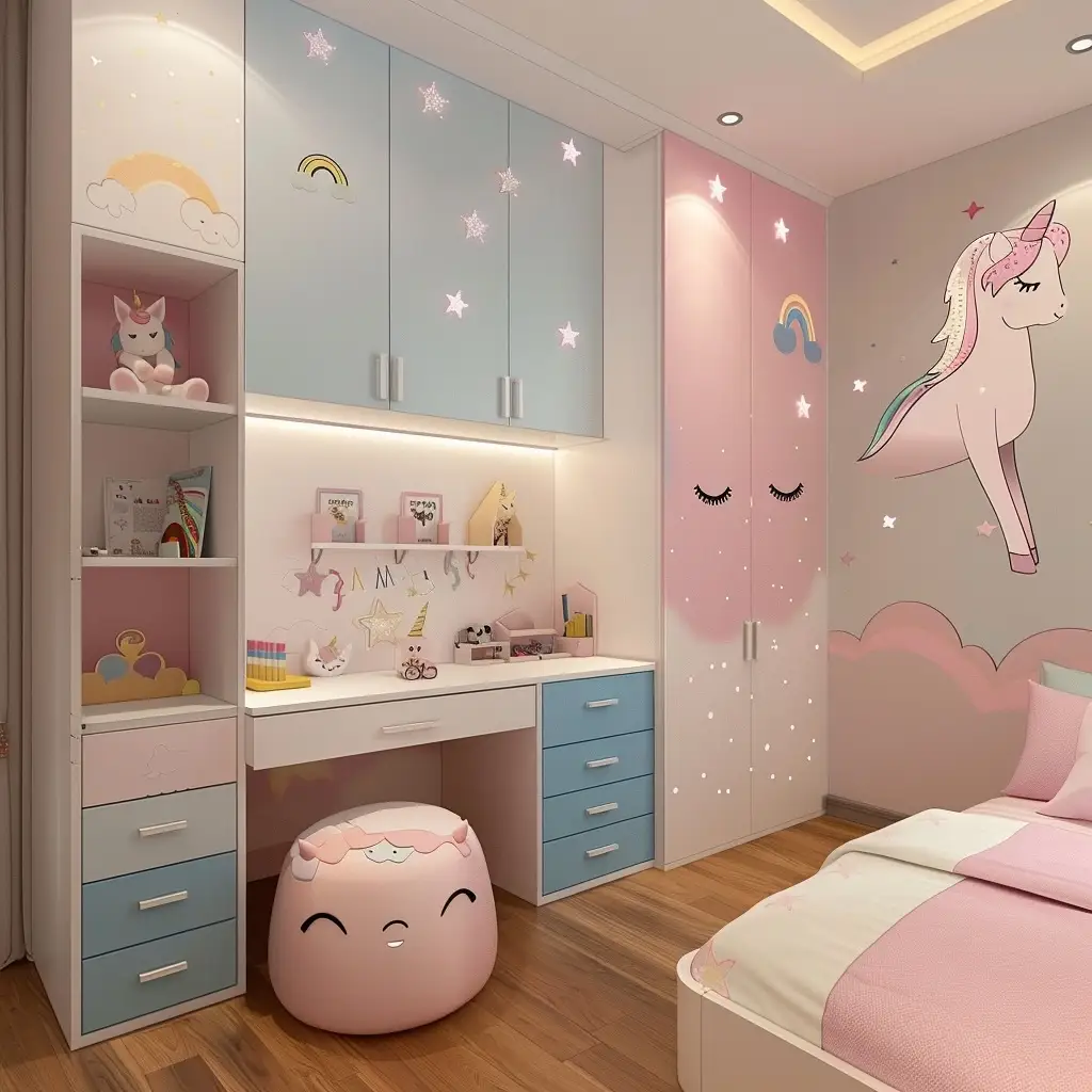 Compact bedroom homework station built between storage cabinets with drawers and tuck-away stool