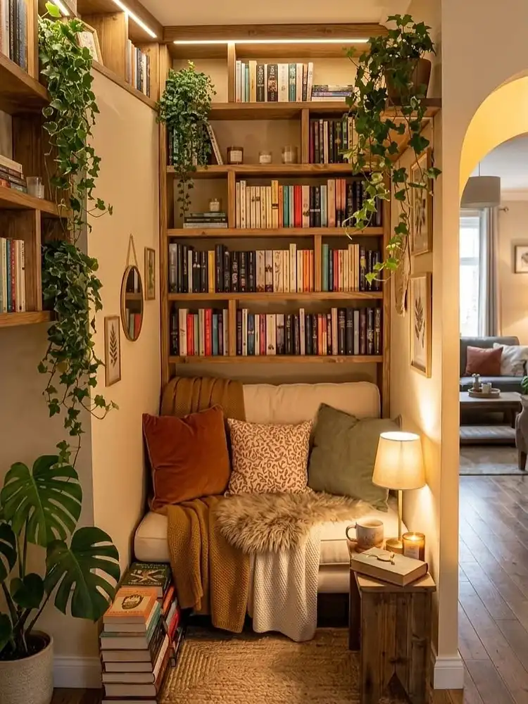 Small alcove turned into a cozy reading nook with a loveseat, floor-to-ceiling bookshelves, plants, and a lamp.