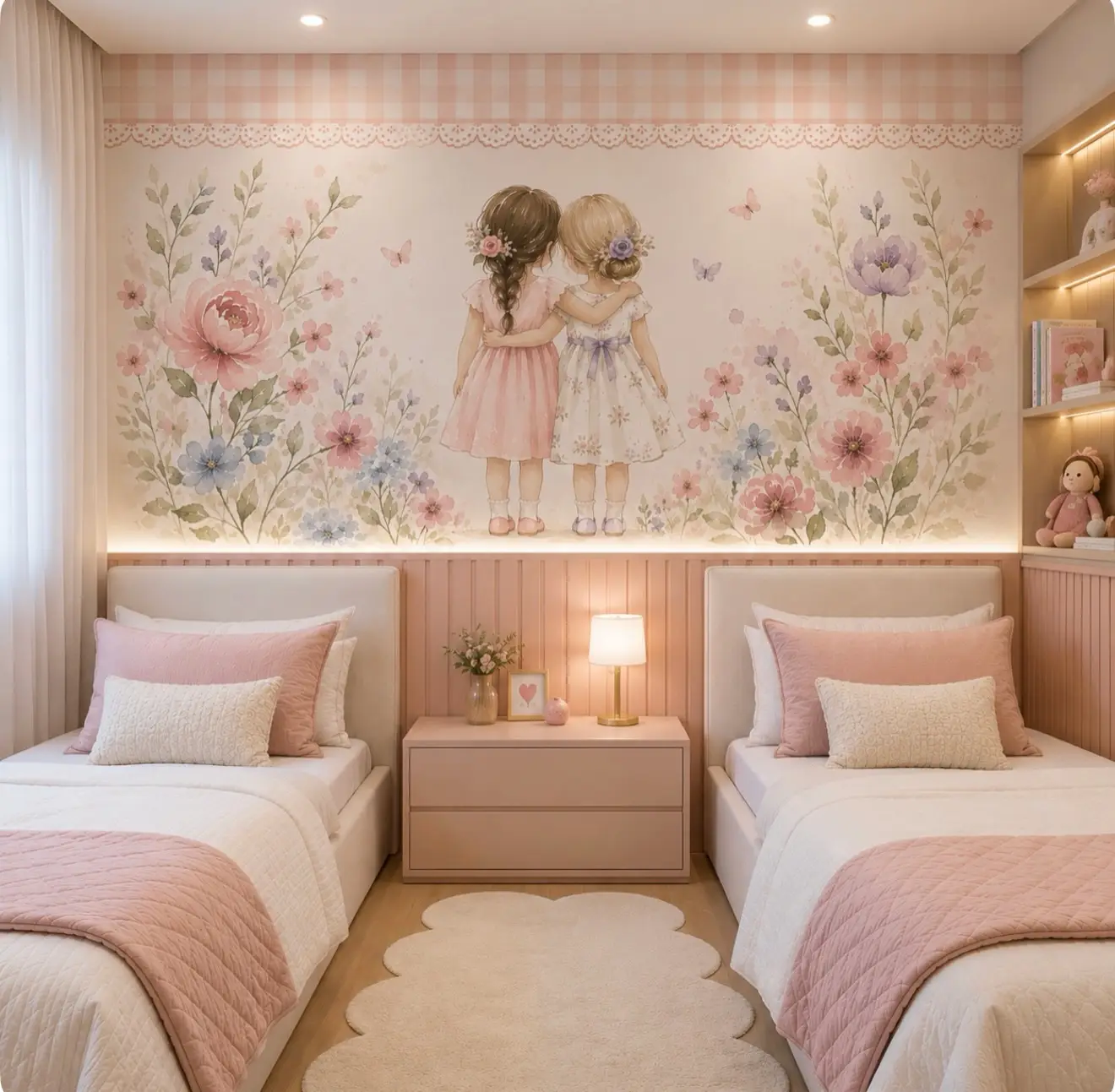 Shared girls bedroom with two matching pink beds, central nightstand, floral mural, and pink wall paneling